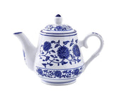 Tetera 123Arts de cerámica azul y blanca con tapa para té.