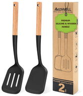 AcoWELL espatula sólida con mango de madera, ideal para saltear sin rayar sartenes antiadherentes.
