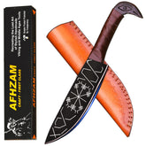 Afhzam cuchillo vikingo con cabeza de cuervo y funda de cuero, listo para uso al aire libre.