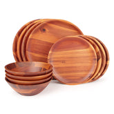 AIDEA juego vajilla de madera de acacia, vista general para cuatro comensales, acabado rústico natural.