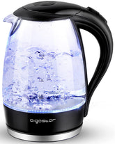 Hervidor Aigostar con iluminación azul para ver el agua clara mientras hierve, útil para té y café.