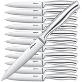 Cuchillos Aiheal para bistec, juego de 12, vista frontal, listos para cortar con precisión