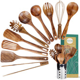 AIUHI juego de utensilios de cocina en teca con porta utensilios para ordenar la cocina.