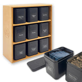 AllSpice estante de té en bambú con 9 latas, organización elegante.