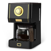 Cafetera Amaste retro con jarra de cristal, vertido limpio y elegante.