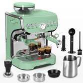 La máquina Amaste espresso con molinillo y acabado verde matcha en acción, ideal para ritual diario.