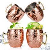 Amrules Moscow Mule: tazas de cobre martillado con interior de acero inoxidable, ideales para cócteles fríos.