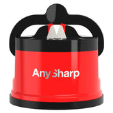 AnySharp vista frontal del afilador rojo mostrando diseño compacto y seguro