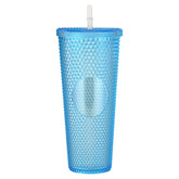 Arilaca vaso con tapas y pajilla azul iridiscente para bebidas frías.