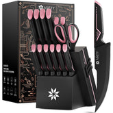 ASETY set de cuchillos 15 piezas con mango rosado y bloque para uso diario