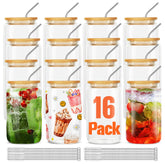 Askiz vasos de cristal con tapas de bambú y pajillas de acero para bebidas reutilizables.