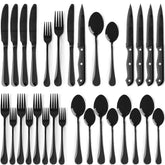 Astercook juego cubiertos 24 piezas negro plata, cuchillos bistek, ideal para cenas familiares.