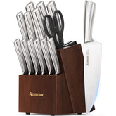 Astercook juego de cuchillos 15 piezas con bloque de madera, almacenamiento seguro y acceso rápido
