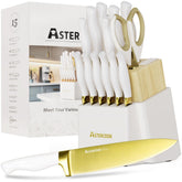 Astercook: juego completo de 15 cuchillos con recubrimiento dorado, precisión y durabilidad para cocinar.
