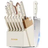 Astercook set de cuchillos 14 piezas en crema, bloque de madera para almacenamiento seguro