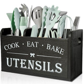 Atooge porta-utensilios de cocina en madera con 3 compartimentos negro, orden práctico.