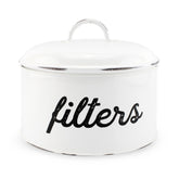 Bote de filtros AuldHome en esmalte blanco para mostrador ordenado.