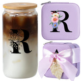 AYGXU caja de joyas de viaje con iniciales florales y tapa de bambú, protege joyas con estilo