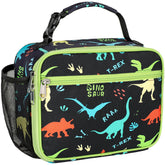 Bagseri bolsa almuerzo niños dinosaurio negro, vista frontal segura y atractiva para la hora de comer.