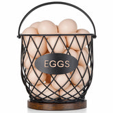 Banawey cesta de huevos con asa metálica y base de madera para transporte seguro.