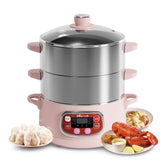 Bar vaporera eléctrica de dos niveles con bandejas de acero inoxidable para cocinar al vapor.