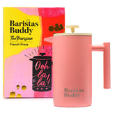 BaristasBuddy Prensa Francesa Rosa Compacta, ideal para desayunos rápidos y fáciles.