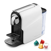 Beanglass máquina espresso con cápsulas, vista frontal, diseño compacto para cocinas pequeñas.
