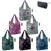 BeeGreen bolsas reutilizables con patrones variados, ideales para compras y regalos.