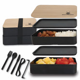 Caja Bento Warrior con base negra y tapa de madera, ideal para almuerzo en la oficina.