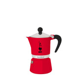 Bialetti Moka Express Rainbow Rojo, frontal, listo para empezar el ritual del café.