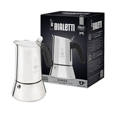 Bialetti Venus cafetera de inducción, vista frontal, diseño moderno y práctico.
