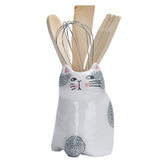 Bico porta utensilios con gato animado, vista frontal, diseño encantador para la cocina.