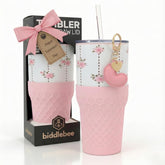 Vaso Biddlebee rosa con patrón, ideal para bebidas frías o calientes.