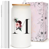 Vaso de vidrio BIPEDS con iniciales y diseño floral; regalo elegante para mujeres