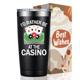 Vaso termico BIRGILT con vista frontal y tema de casino para bebidas frías o calientes.