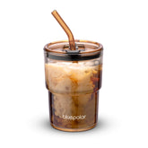 BLUEPOLAR vaso cristal 13oz ámbar con pajilla y tapa, perfecto para agua fría.