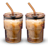 Vaso BLUEPOLAR de cristal 13oz con pajilla y tapa hermética, ideal para bebidas frías o calientes.