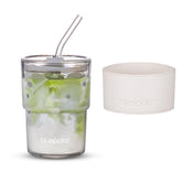 Vaso de cristal BLUEPOLAR 13oz con tapa y pajilla, perfecto para bebidas frías y calientes.