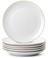 Brew To A Tea plato de porcelana blanco con borde dorado, ideal para comidas principales.