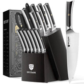BRODARK juego de cuchillos 15 piezas con banco y afilador, almacenamiento práctico para la cocina.