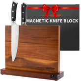 Brooklyn Cutlery bloque magnético para cuchillos de acacia, ahorro de espacio y acceso rápido.