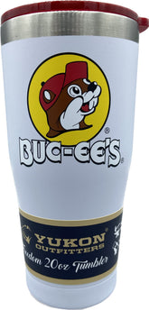 Buc-ee's Vaso blanco de acero con logotipo en color, vista frontal destacando la marca