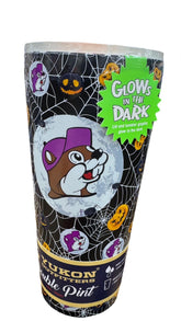 Vaso Buc-ee's Halloween con telarañas, diseño temático para eventos.