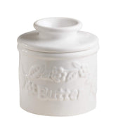 Butter Bell cerámica blanca con relieve floral para una presentación elegante y práctica.