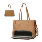 Mochila tote buyborgood en cuero claro, vista exterior elegante para oficina.