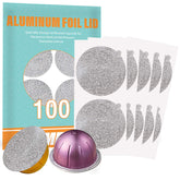 CAPMESSO tapas de aluminio para Vertuo64mm, sello firme para cápsulas reutilizables y sostenibles.