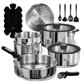 CAROTE set de 18 piezas en acero inoxidable con mango desmontable para ahorro de espacio.