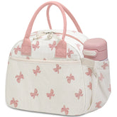 Carry Bloom lonchera corduroy rosado con lazo, diseño elegante para transportar comida