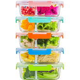C CREST 5-pack de recipientes de vidrio con 3 compartimentos para organización de comidas
