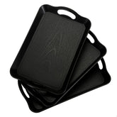 Bandejas Cedilis negras rectangulares con asas para servicio y transporte seguro.